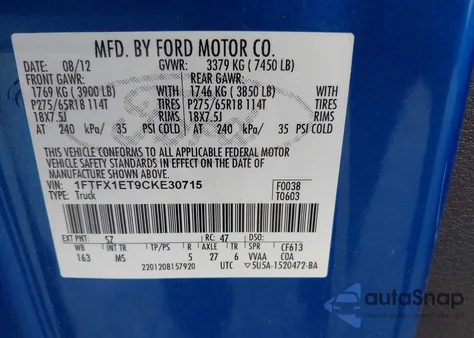 2012 Ford F-150 Xlt from USA, damaged, VIN 1FTFX1ET9CKE30715